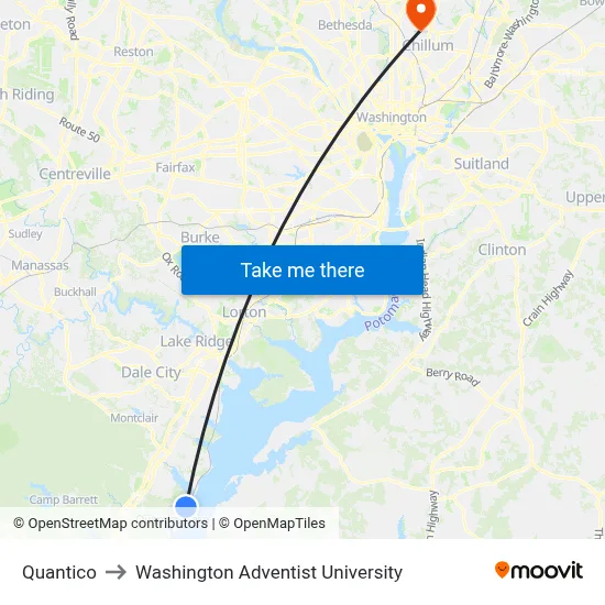 Quantico to Washington Adventist University map