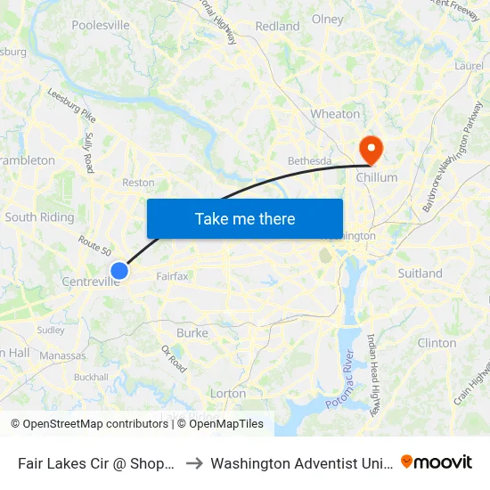 Fair Lakes Cir @ Shoppes La to Washington Adventist University map