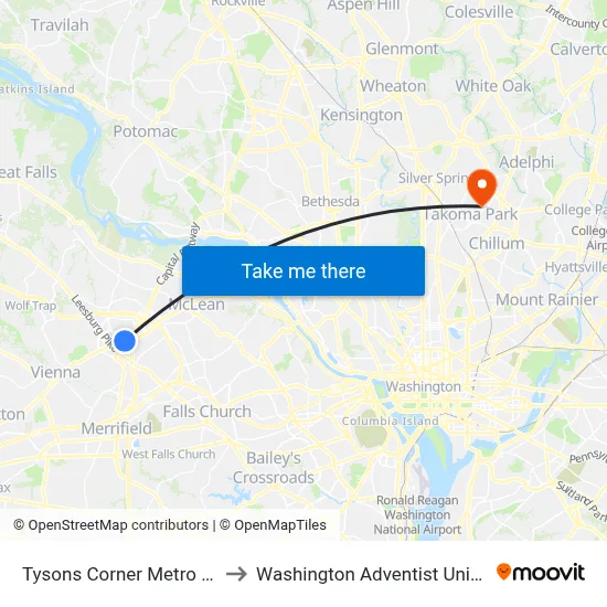 Tysons Corner Metro Bay A to Washington Adventist University map