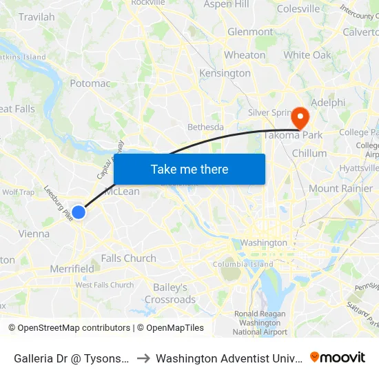 Galleria Dr @ Tysons Blvd to Washington Adventist University map