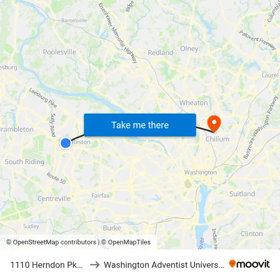1110 Herndon Pkwy to Washington Adventist University map
