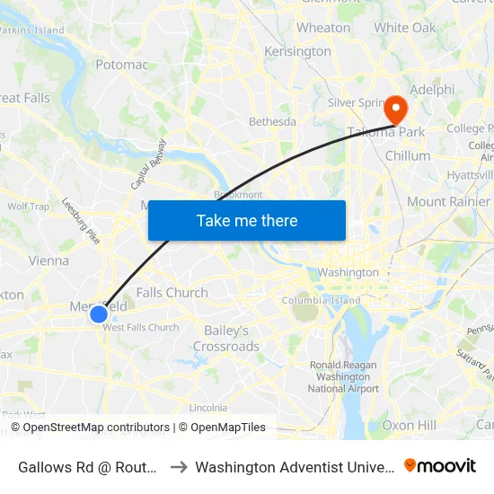 Gallows Rd @ Route 29 to Washington Adventist University map