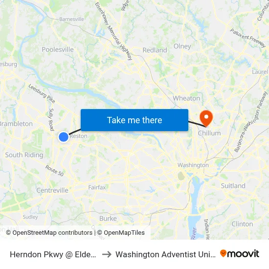 Herndon Pkwy @ Elden St W to Washington Adventist University map
