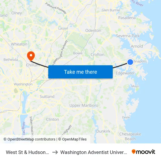 West St & Hudson St to Washington Adventist University map