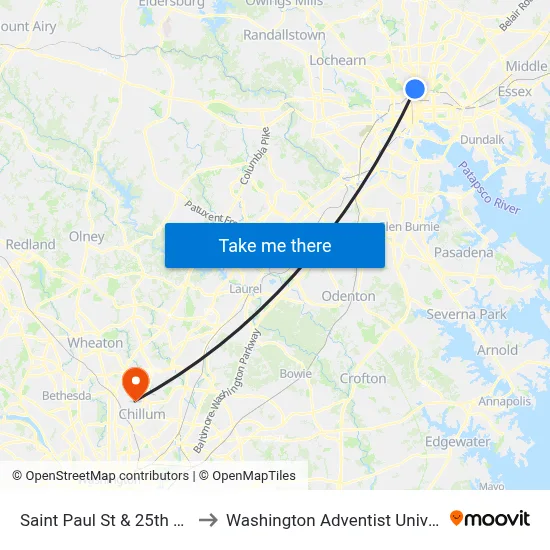 Saint Paul St & 25th St Sb to Washington Adventist University map