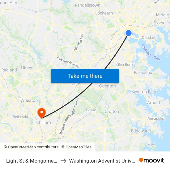 Light St & Mongomery St to Washington Adventist University map