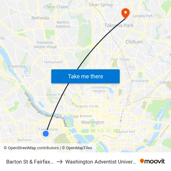 Barton St & Fairfax Dr to Washington Adventist University map