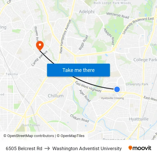 6505 Belcrest Rd to Washington Adventist University map