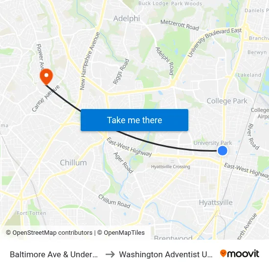 Baltimore Ave & Underwood St to Washington Adventist University map