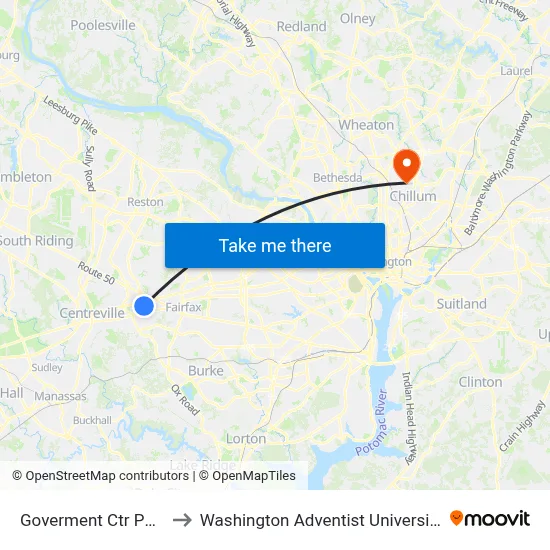 Goverment Ctr P&R to Washington Adventist University map