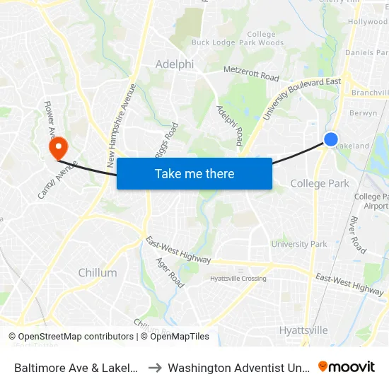 Baltimore Ave & Lakeland Rd to Washington Adventist University map