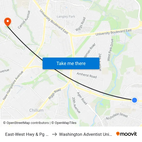 East-West Hwy & Pg Plaza to Washington Adventist University map