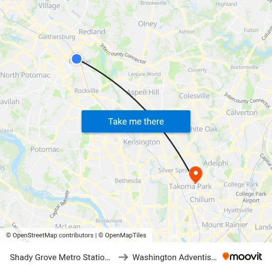 Shady Grove Metro Station & Bus Bay C to Washington Adventist University map