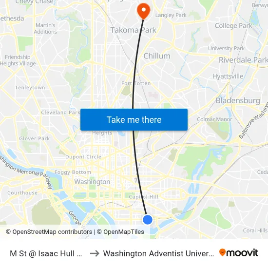 M St @ Isaac Hull Ave to Washington Adventist University map