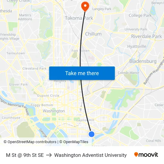 M St @ 9th St SE to Washington Adventist University map