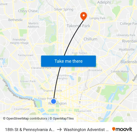 18th St & Pennsylvania Ave NW Nb to Washington Adventist University map