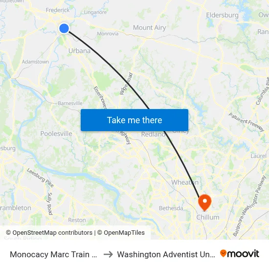 Monocacy Marc Train Station to Washington Adventist University map