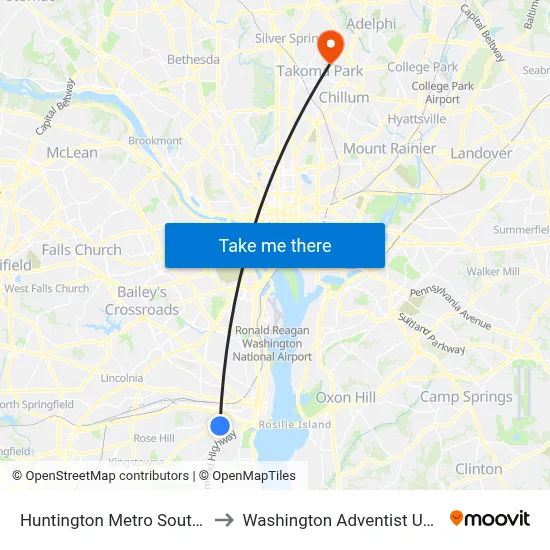 Huntington Metro South Bay D to Washington Adventist University map