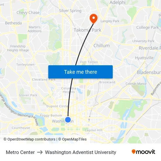Metro Center to Washington Adventist University map