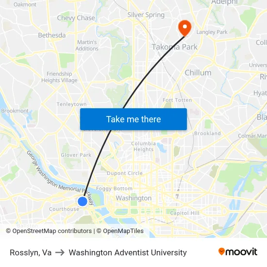 Rosslyn, Va to Washington Adventist University map