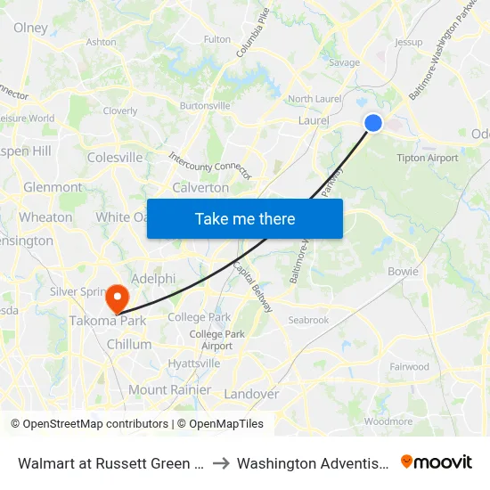 Walmart at Russett Green East - Laurel to Washington Adventist University map
