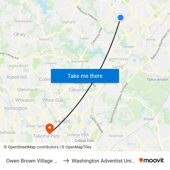 Owen Brown Village Center to Washington Adventist University map