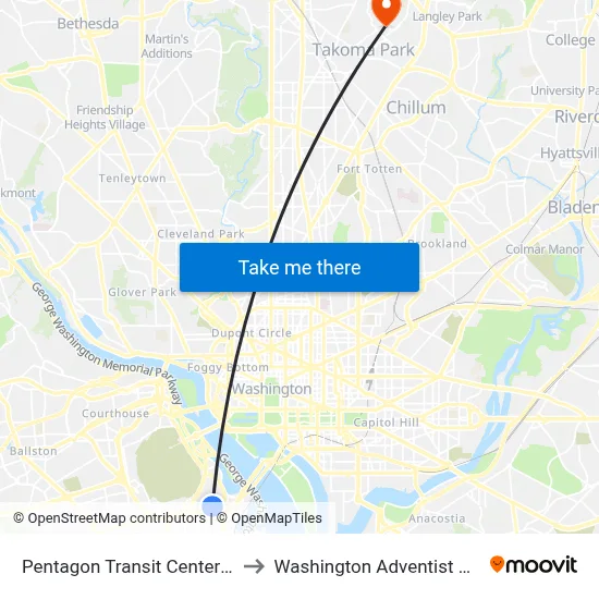 Pentagon Transit Center (Bay U1) to Washington Adventist University map