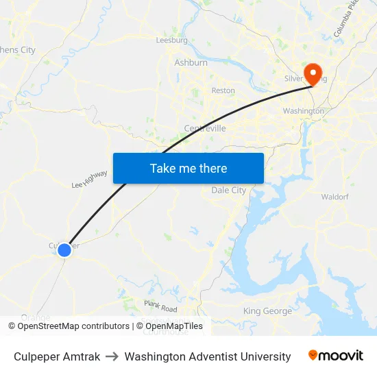 Culpeper Amtrak to Washington Adventist University map