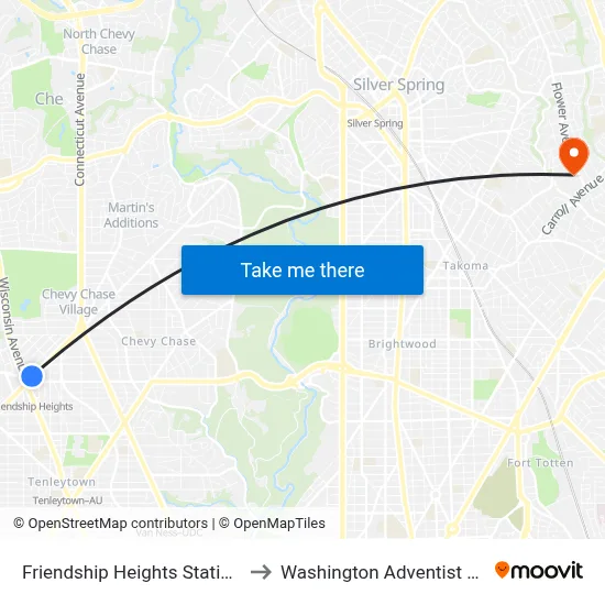 Friendship Heights Station & Bay E to Washington Adventist University map