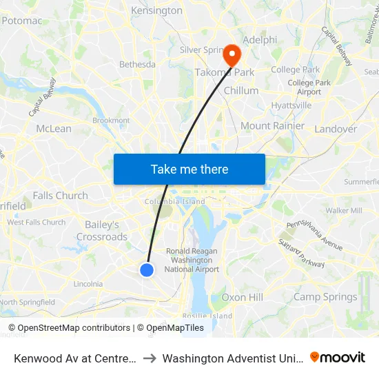 Kenwood Av at Centre Plaza to Washington Adventist University map