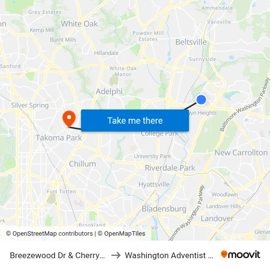 Breezewood Dr & Cherrywood Terr to Washington Adventist University map