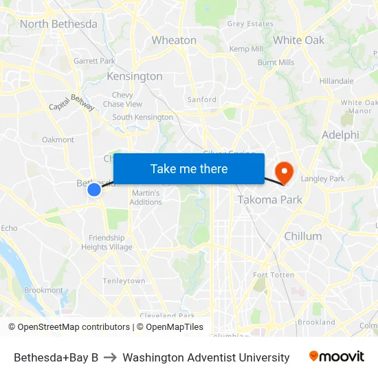 Bethesda+Bay B to Washington Adventist University map