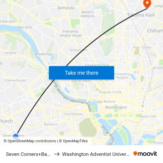 Seven Corners+Bay C to Washington Adventist University map