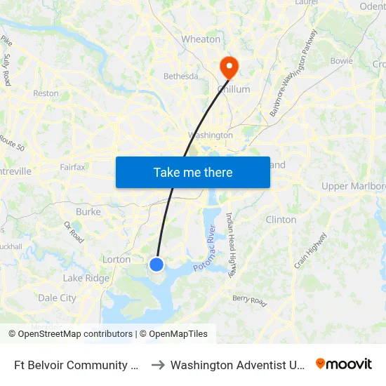 Ft Belvoir Community Hospital to Washington Adventist University map