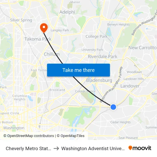 Cheverly Metro Station to Washington Adventist University map