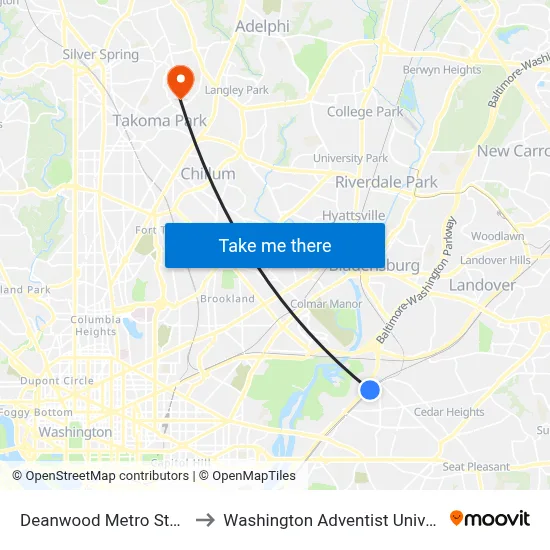 Deanwood Metro Station to Washington Adventist University map