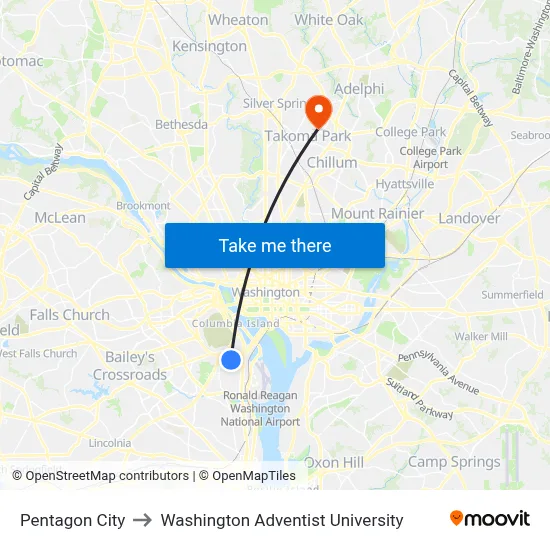 Pentagon City to Washington Adventist University map