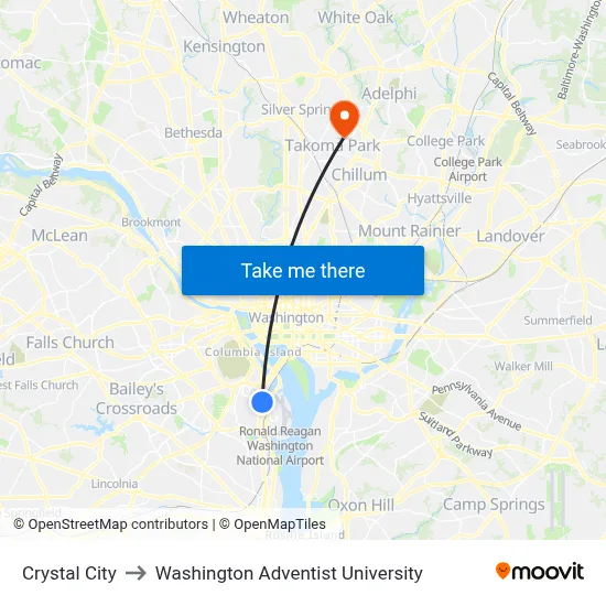 Crystal City to Washington Adventist University map