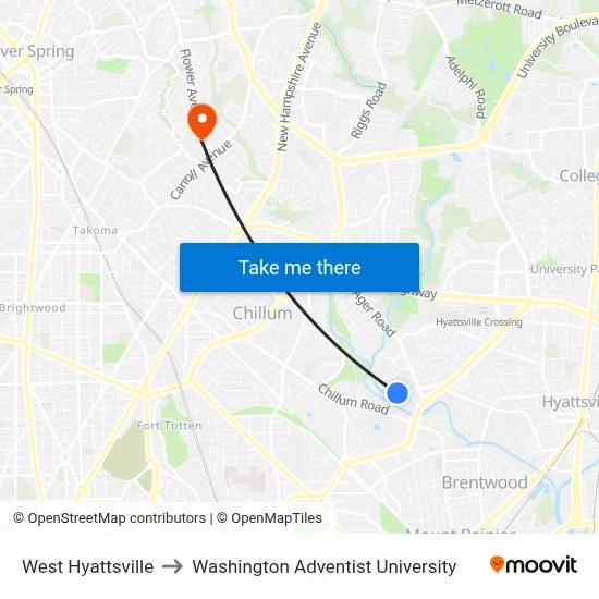West Hyattsville to Washington Adventist University map
