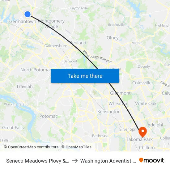 Seneca Meadows Pkwy & the Shops to Washington Adventist University map