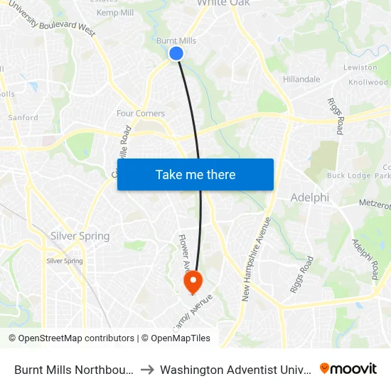 Burnt Mills Northbound & to Washington Adventist University map
