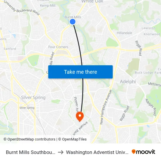 Burnt Mills Southbound & to Washington Adventist University map