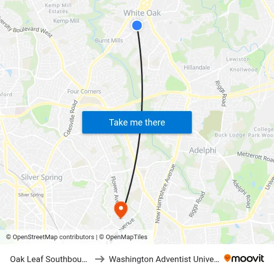 Oak Leaf Southbound & to Washington Adventist University map