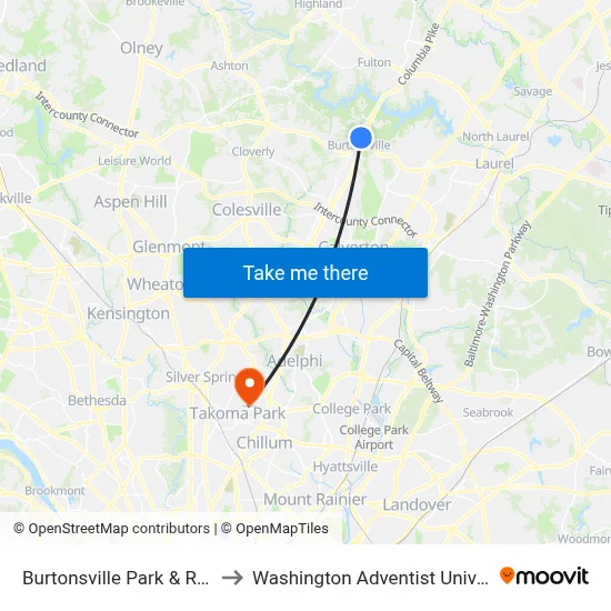 Burtonsville Park & Ride & to Washington Adventist University map