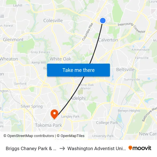Briggs Chaney Park & Ride & to Washington Adventist University map