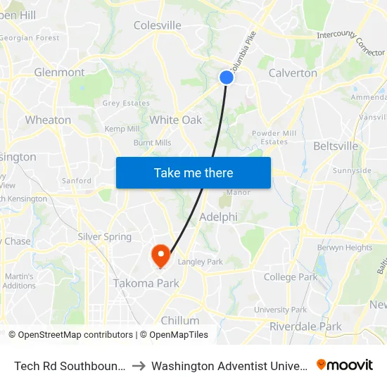 Tech Rd Southbound & to Washington Adventist University map