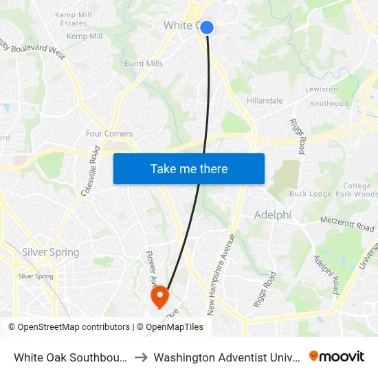 White Oak Southbound & to Washington Adventist University map