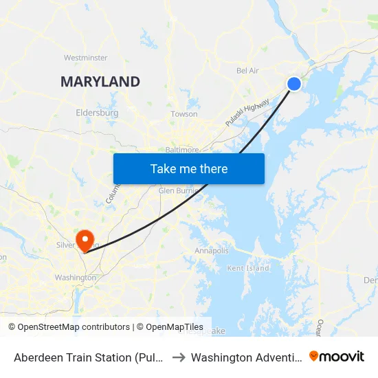 Aberdeen Train Station (Pulaski Hwy/Us 40) to Washington Adventist University map