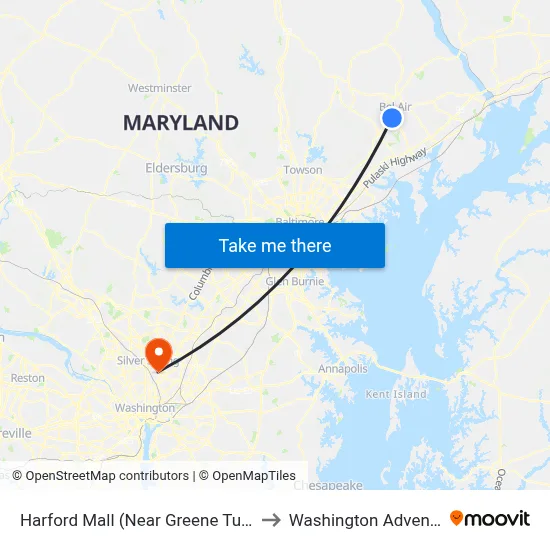 Harford Mall (Near Greene Turtle - 696 Bel Air Rd) to Washington Adventist University map