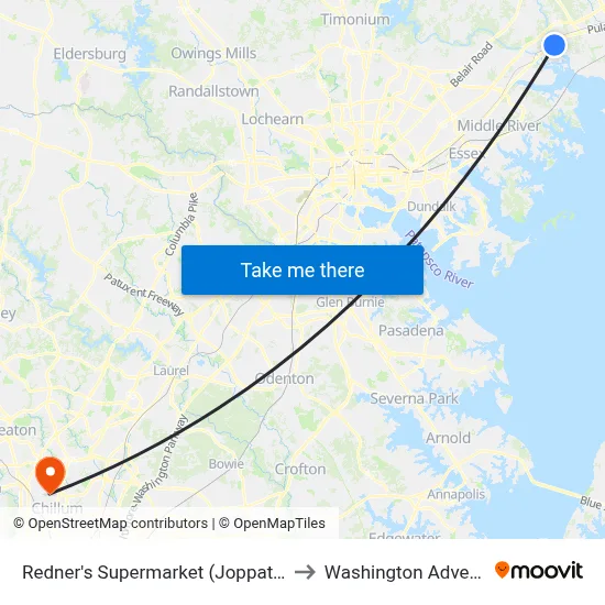 Redner's Supermarket (Joppatowne Shopping Plaza) to Washington Adventist University map